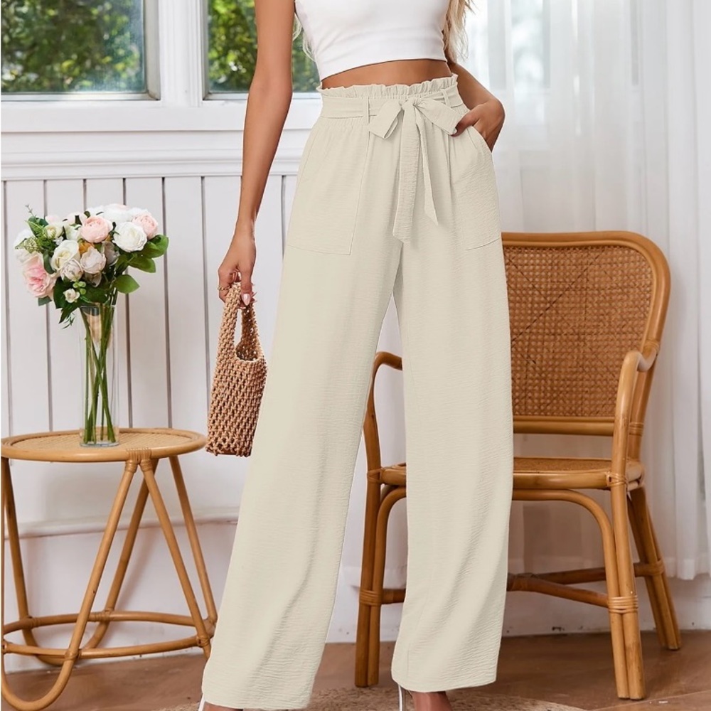 Chiclily Cream Wide Leg Paperbag Pants High Waisted Flowy Neutral Boho M